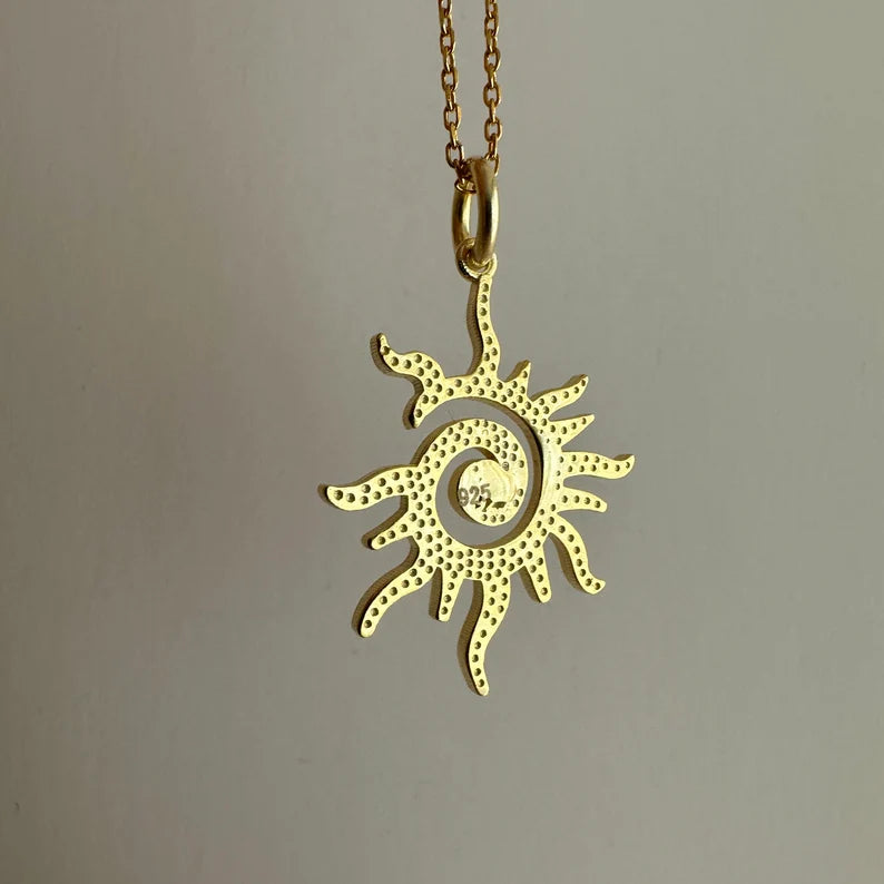 back of Gold sun-shaped pendant on a chain against a gray background