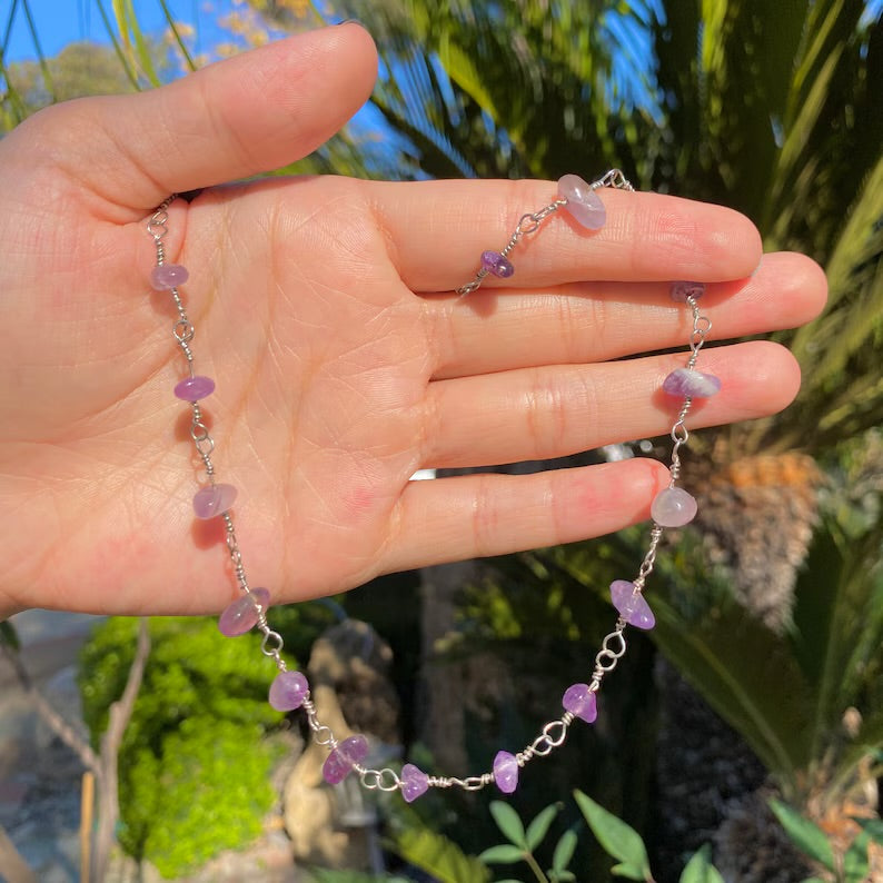 Close-up of the Raw Amethyst Necklace showing the natural, rough-cut purple stone chips set on a delicate Amethyst Necklace silver Chain.