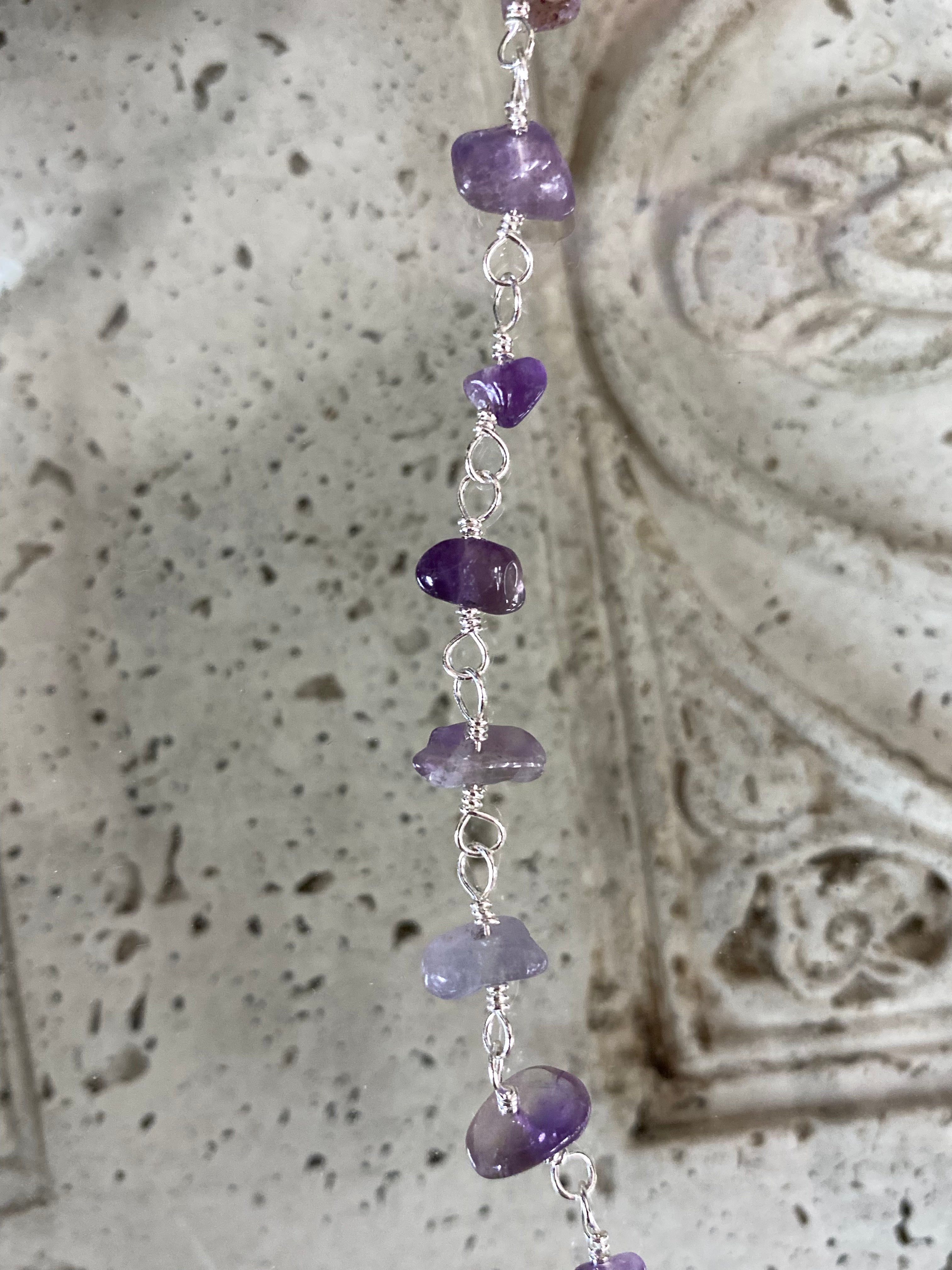 Close-up of the Raw Amethyst Necklace showing the natural, rough-cut purple stone chips set on a delicate Amethyst Necklace silver Chain.