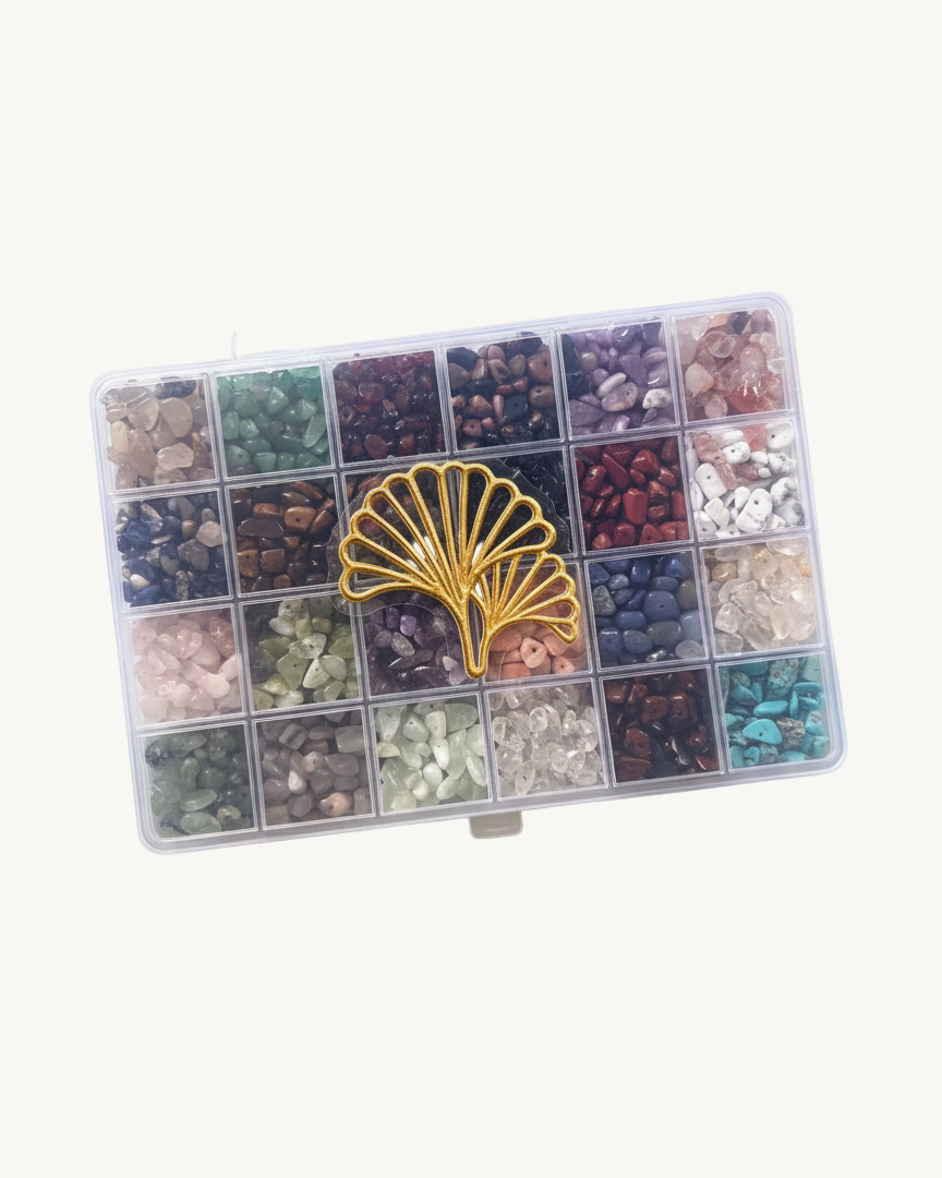 Transparent storage box with compartments filled with various colored stones on a white background