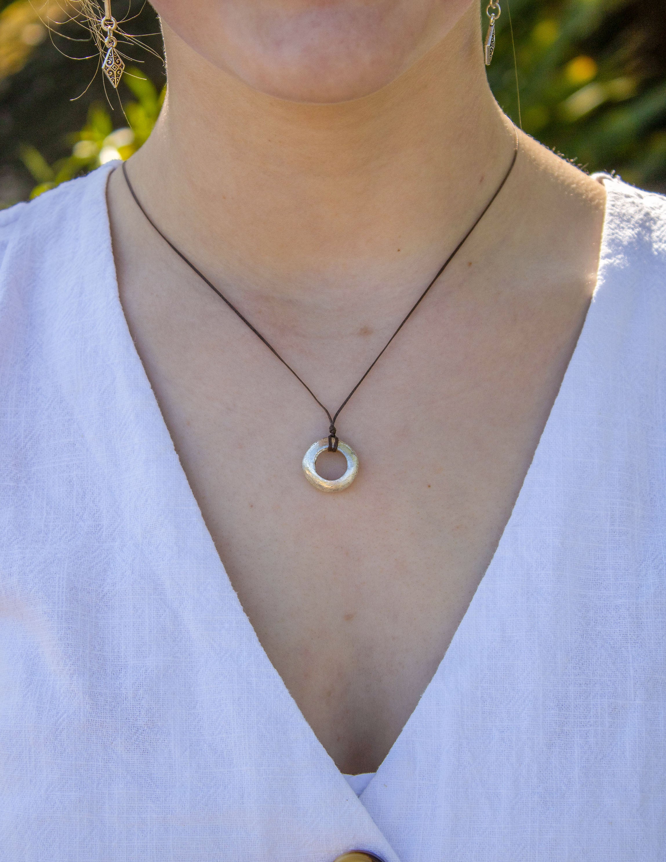 Silver Round Pendant Leather Necklace