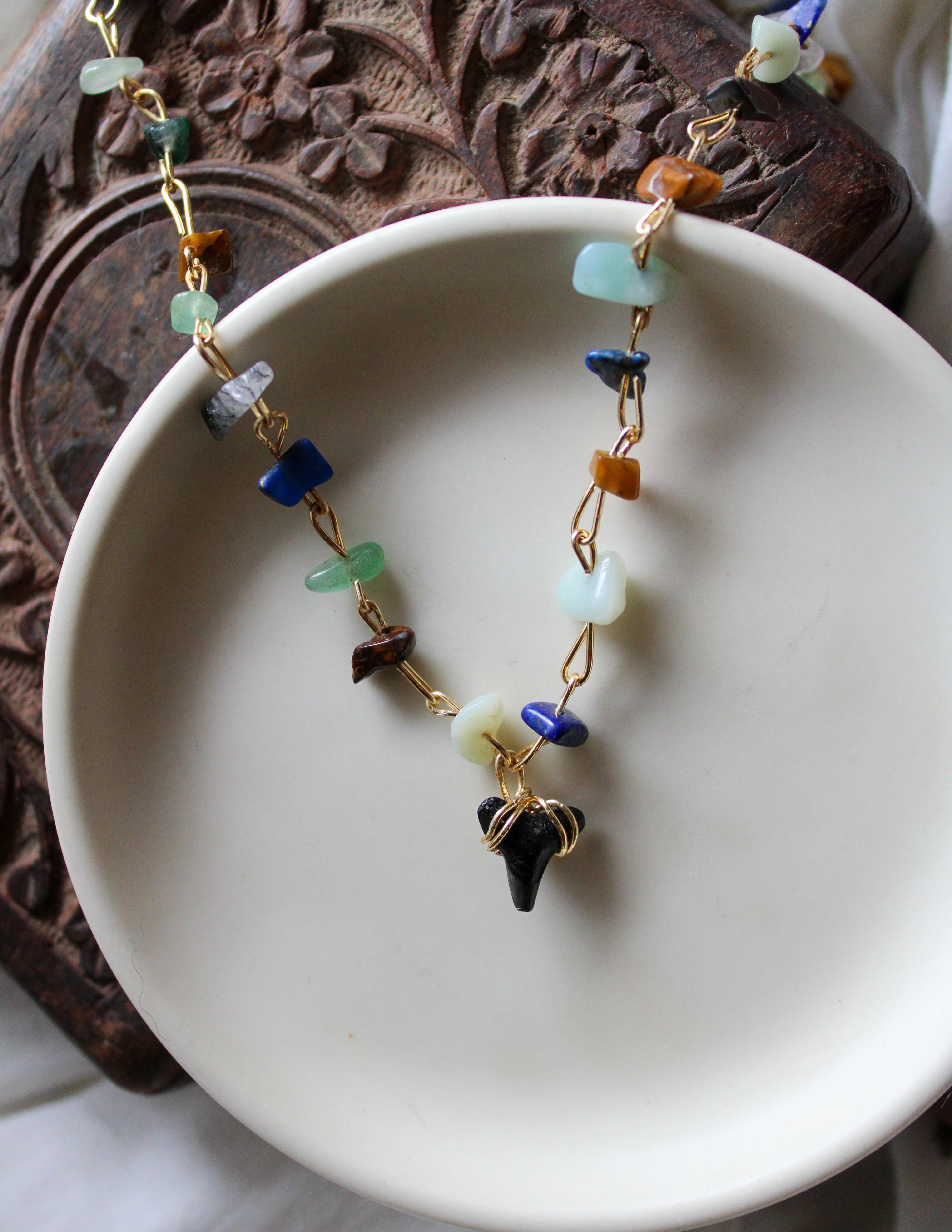 Fossilised Shark Tooth & Crystal Chip Necklace