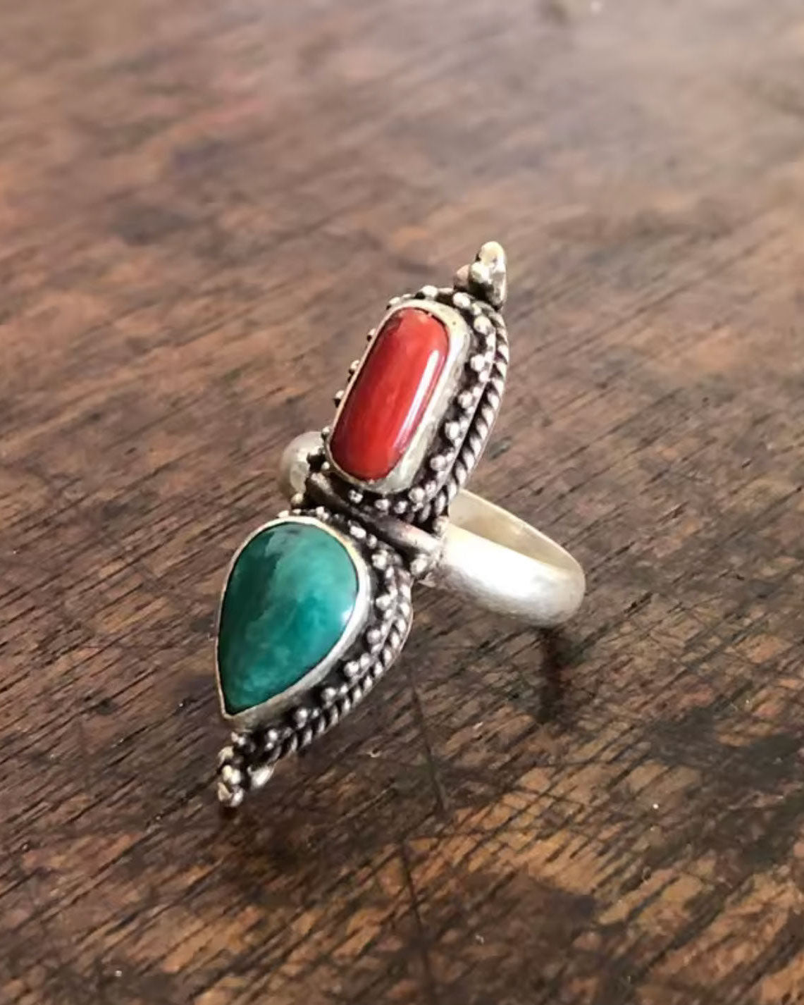 Natural Red Coral & Blue Turquoise Ring