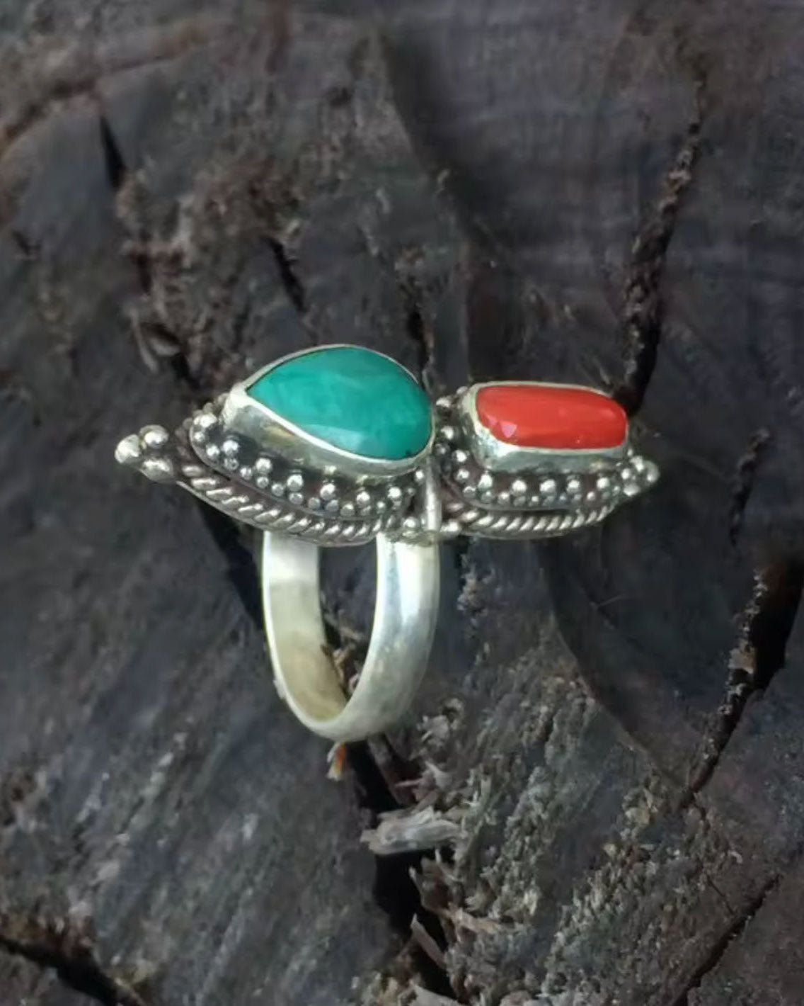 Natural Red Coral & Blue Turquoise Ring