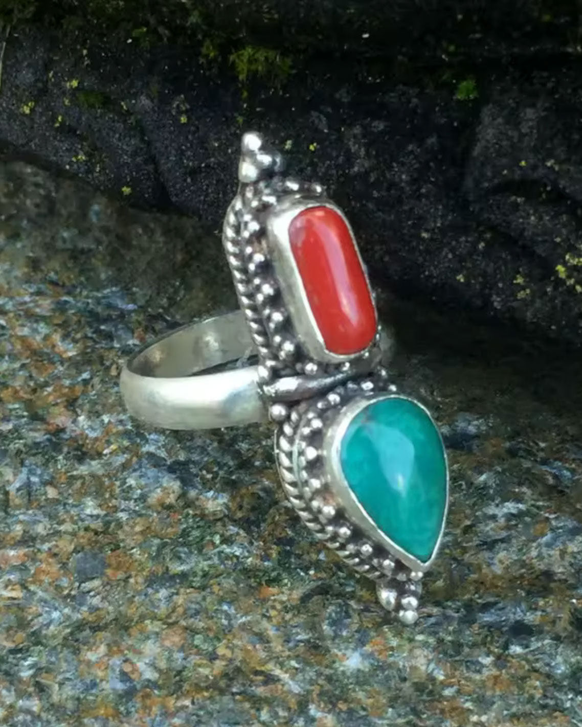 Natural Red Coral & Blue Turquoise Ring