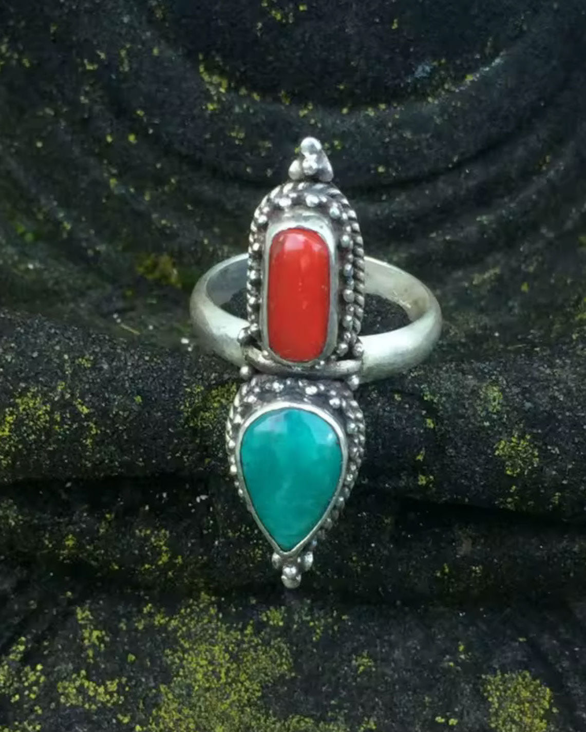 Natural Red Coral & Blue Turquoise Ring