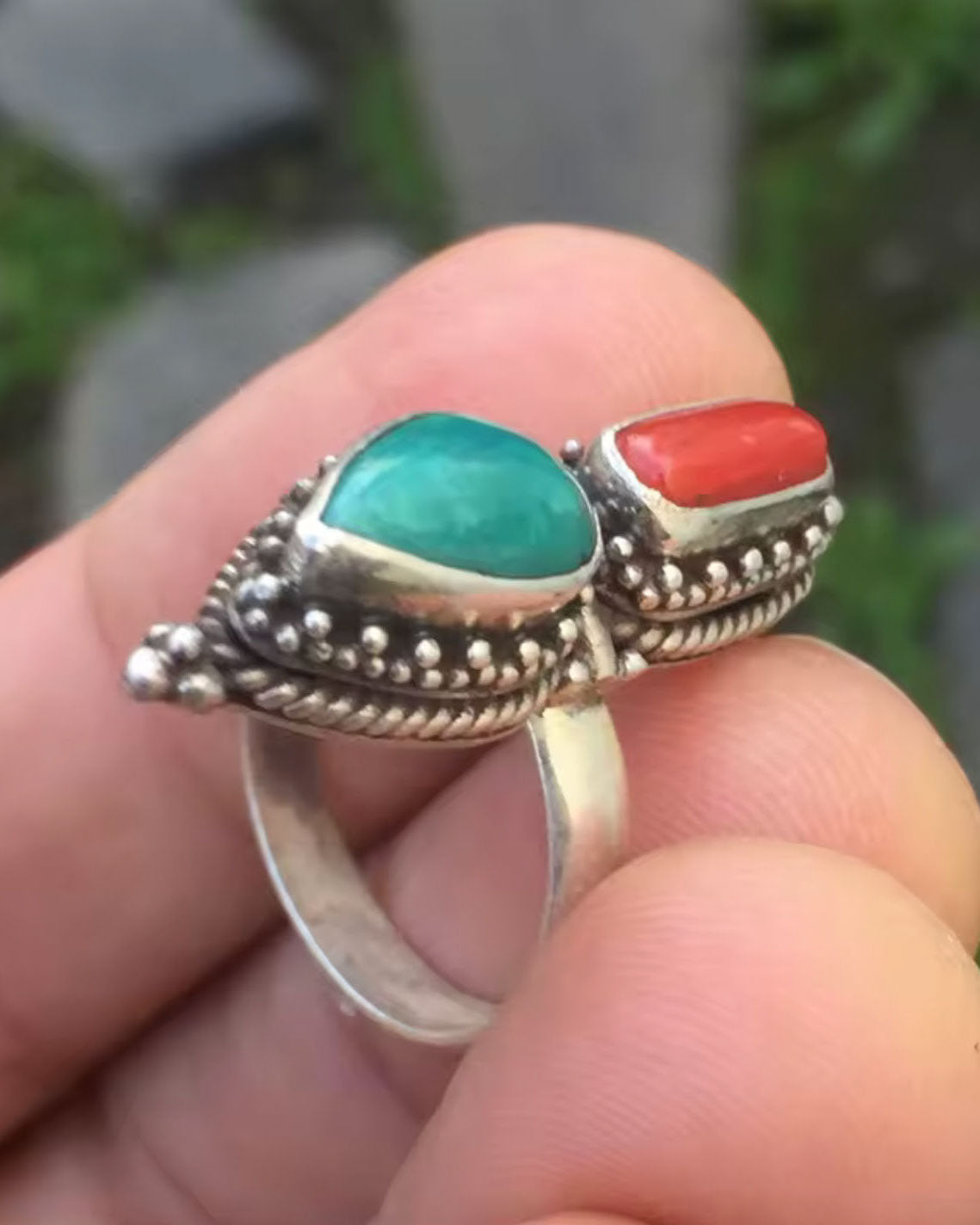 Natural Red Coral & Blue Turquoise Ring
