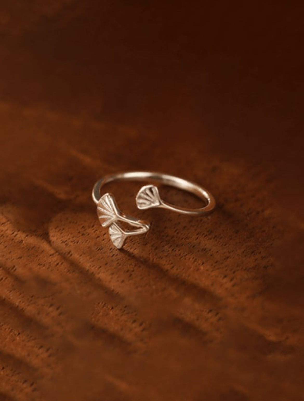 Two rings with a flower plant design, one in gold plating and one in silver, placed on a wooden surface.