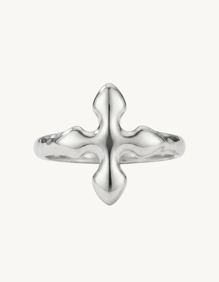 Silver ring with a unique design on a white background