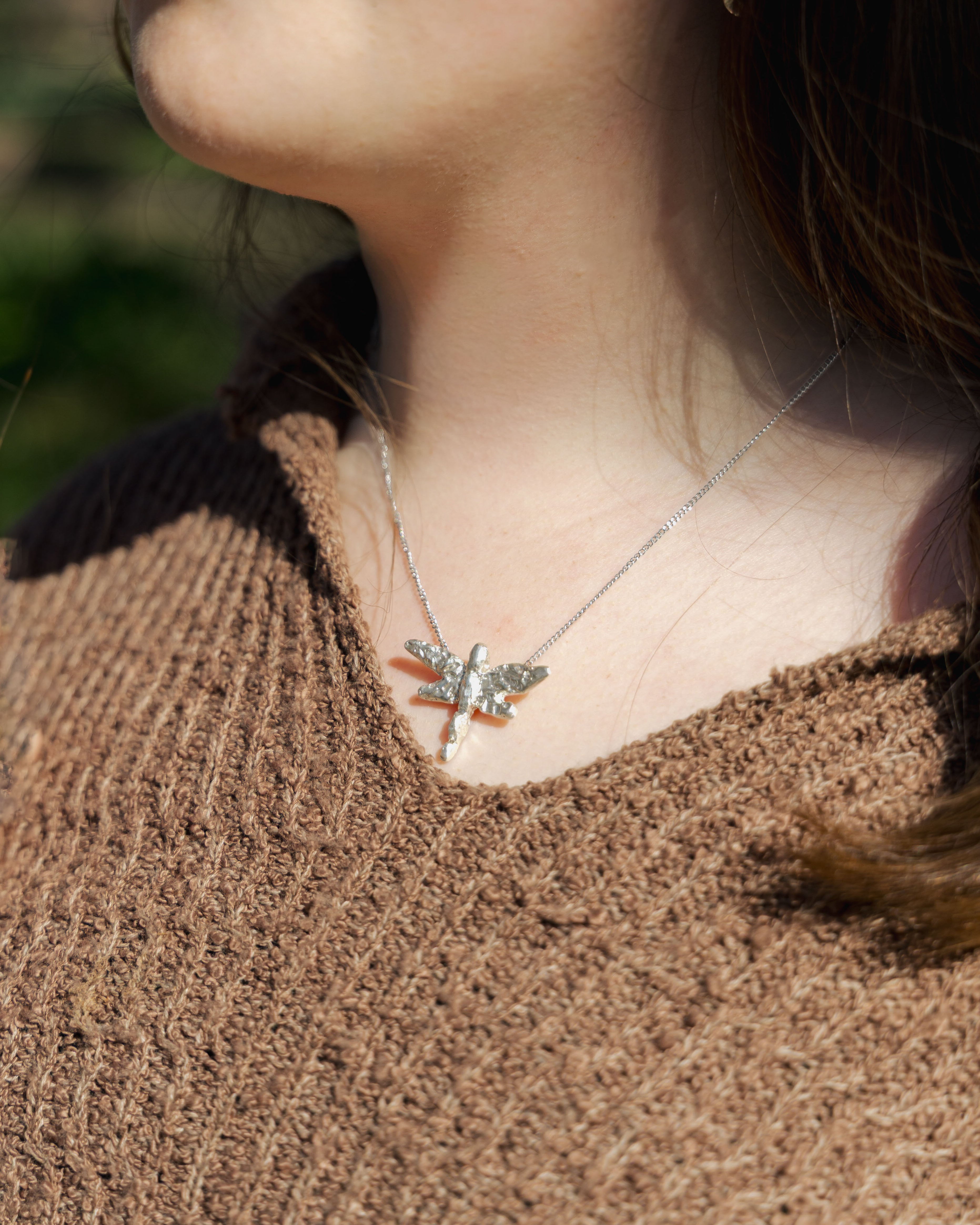 Detailed close-up of the Handmade Dragonfly Pendant, highlighting the rich textures and the quality of the Solid 925 Silver Pendant.