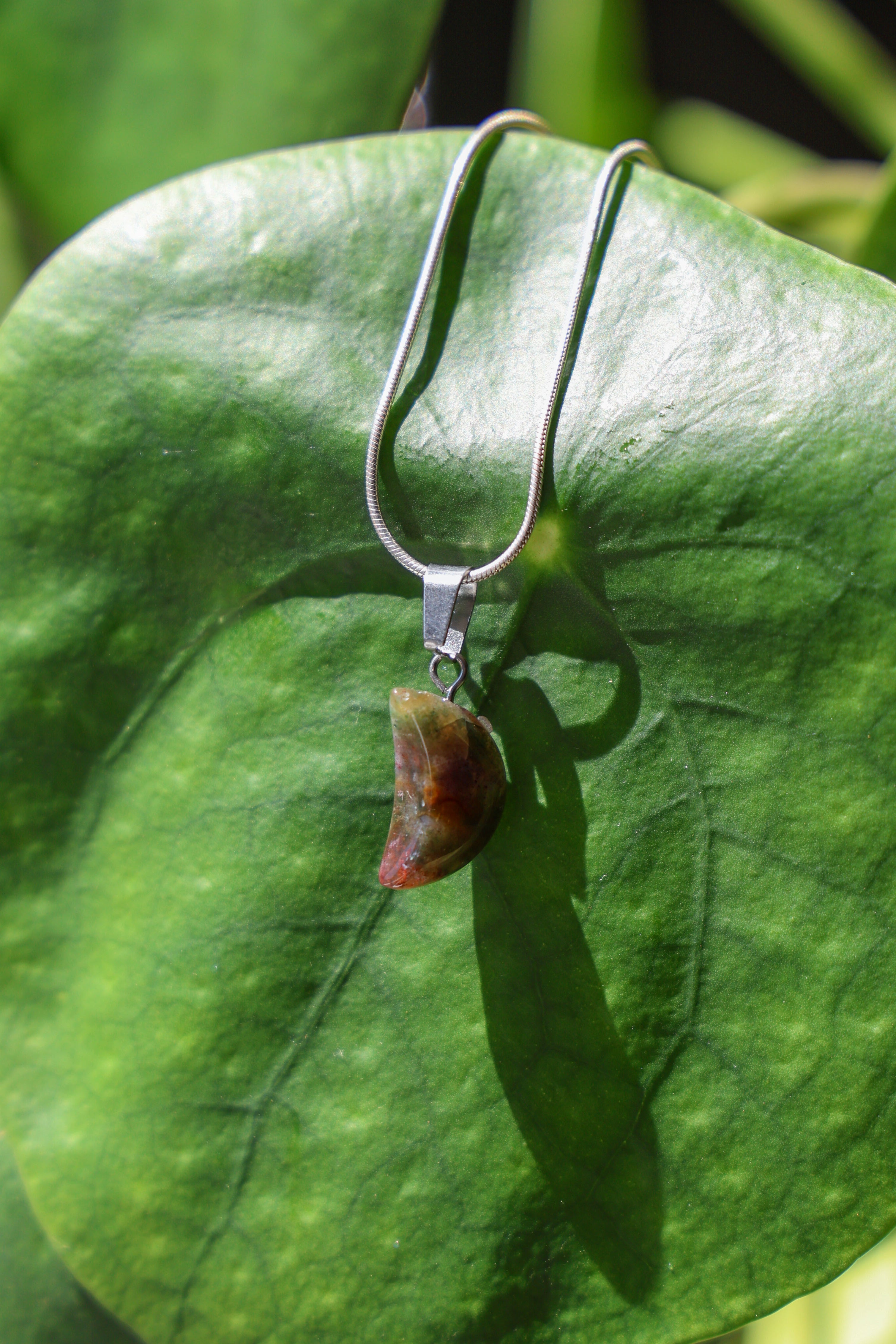 A bloodstone pendant necklace hanging on a leaf, with the pendant displaying a smooth, polished finish.